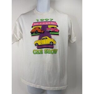 Vintage 1997 Car Show T Shirt Large Hot Rod Graphic 90s USA Tee Neon